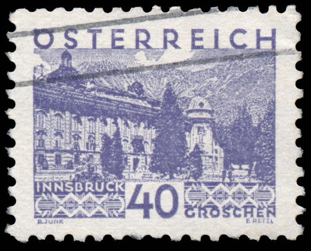 AUSTRIA - CIRCA 1929: A stamp printed by Austria shows Innsbruck, circa 1929の写真素材