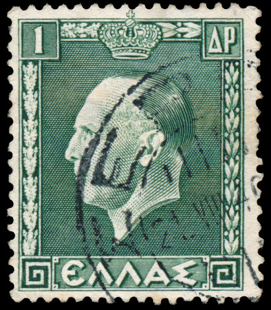 GREECE - CIRCA 1937: A stamp printed in Greece, shows portrait of King George II (1890-1947), circa 1937のeditorial素材