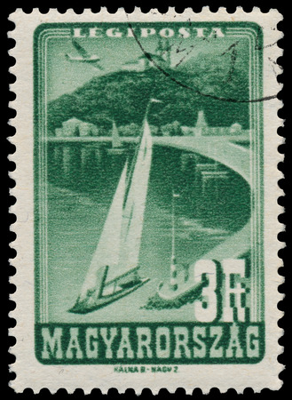HUNGARY - CIRCA 1947: Stamp printed by Hungary, shows Lake Balaton, circa 1947のeditorial素材