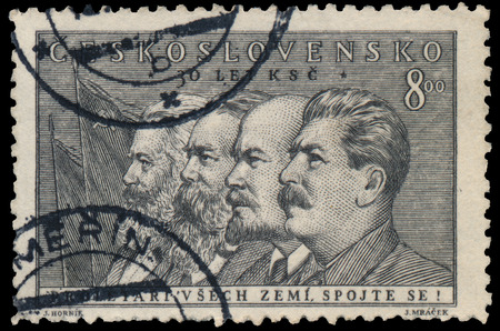 CZECHOSLOVAKIA - CIRCA 1951: Stamp printed by Czechoslovakia, shows Marx, Engels, Lenin and Stalin,...