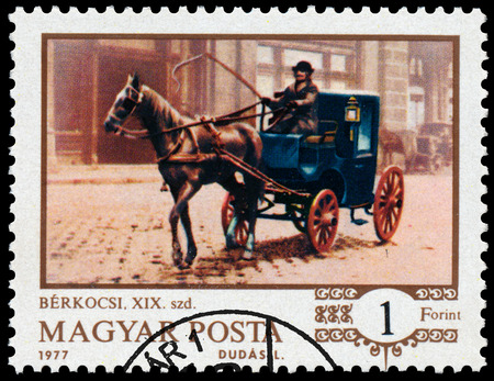 HUNGARY - CIRCA 1977: Stamp printed in the Hungary shows One-horse cab at Budapest, from the series History of the hungarian coach, circa 1977のeditorial素材