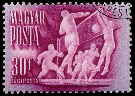 HUNGARY - CIRCA 1950: Stamp printed in Hungary, shows volleyball, circa 1950のeditorial素材
