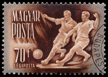 HUNGARY - CIRCA 1950: Stamp printed in Hungary, shows soccer-players, circa 1950のeditorial素材