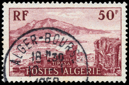 ALGERIA CIRCA 1955: stamp printed by Algeria, shows Chenua Mountain and View of Tipasa, circa 1955のeditorial素材