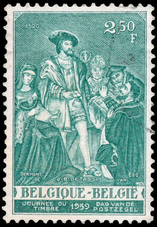 BELGIUM - CIRCA 1959: Stamp printed in the Belgium, shows Jean-Baptiste de Tassis, circa 1959のeditorial素材