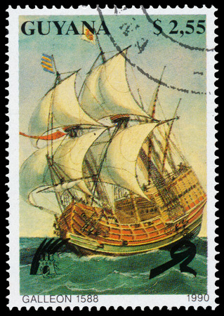GUYANA - CIRCA 1990: a stamp printed in Guyana shows Galleon Ship, circa 1990のeditorial素材
