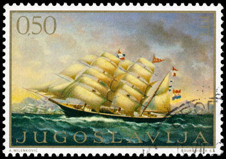 YUGOSLAVIA - CIRCA 1969: a stamp printed in Yugoslavia shows Ship Painting, circa 1969のeditorial素材