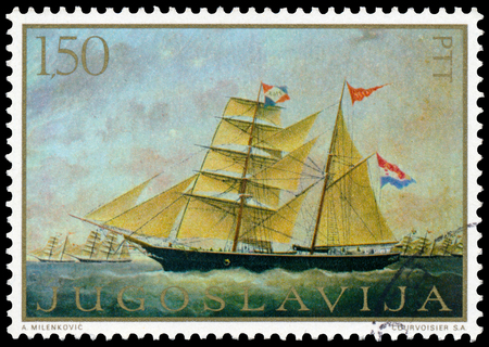 YUGOSLAVIA - CIRCA 1969: a stamp printed in Yugoslavia shows Ship Painting, circa 1969のeditorial素材