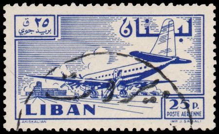 Stamp printed in Lebanon Shows Douglas DC-6B planeのeditorial素材