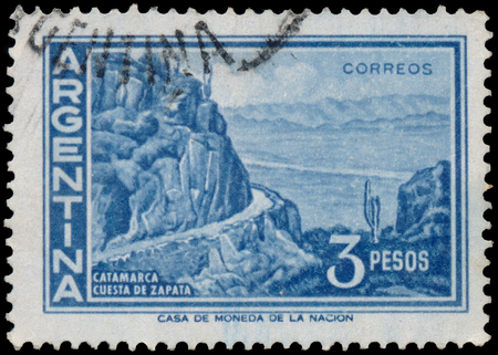 ARGENTINA - CIRCA 1959: a stamp printed by Argentina, shows Zapata Slope Catamarcaのeditorial素材