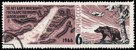 USSR - CIRCA 1966: a stamp printed in USSR shows bear and Lake Baikalのeditorial素材