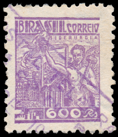 BUDAPEST, HUNGARY - 20 february 2016: a stamp printed in the Brazil shows Prometheus and Steel Industry, circa 1941のeditorial素材