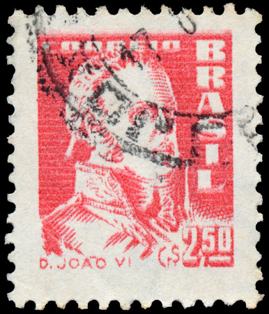 BUDAPEST, HUNGARY - 20 february 2016: a stamp printed in the Brazil shows king John VI, circa 1959のeditorial素材