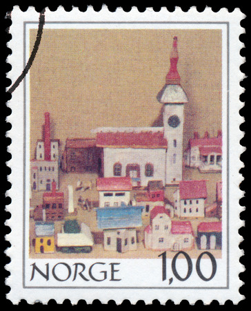 BUDAPEST, HUNGARY - 21 february 2016: a stamp printed in the Norway shows wooden houses, circa 1978のeditorial素材