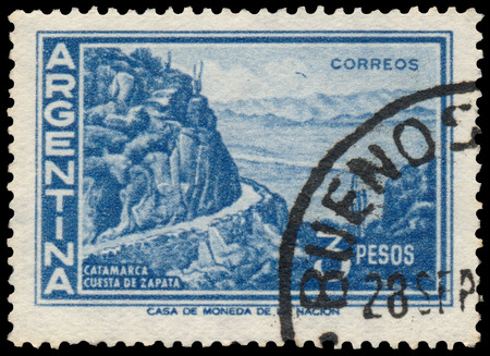 BUDAPEST, HUNGARY - 13 october 2015: a stamp printed by Argentina shows Zapata Slope Catamarca, circa 1959のeditorial素材