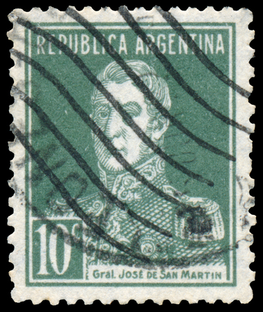 BUDAPEST, HUNGARY - 13 october 2015: a stamp printed by Argentina shows a national hero, Jose de San Martin, circa 1927のeditorial素材