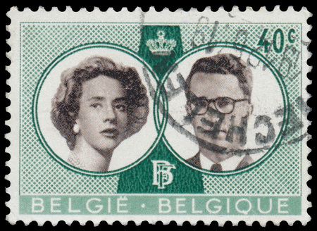 BUDAPEST, HUNGARY - 27 february 2016:  a stamp printed By Belgium shows King Baudouin and Queen Fabiola, circa 1960のeditorial素材