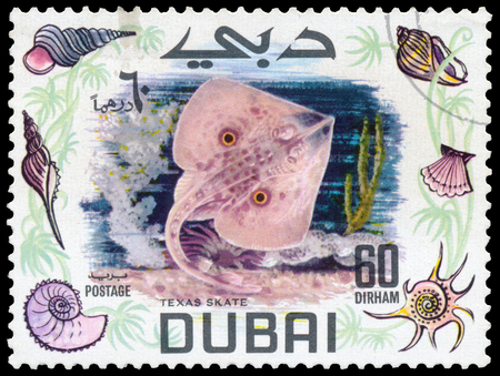 BUDAPEST, HUNGARY - 01 march 2016:  a stamp printed in the Dubai shows shows Texas Skate - Raja texana, circa 1969のeditorial素材
