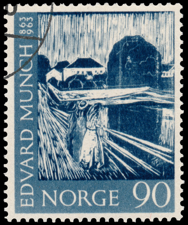 BUDAPEST, HUNGARY - 01 march 2016:  a stamp printed in Norway shows Portrait of Edvard Munch, circa 1963のeditorial素材