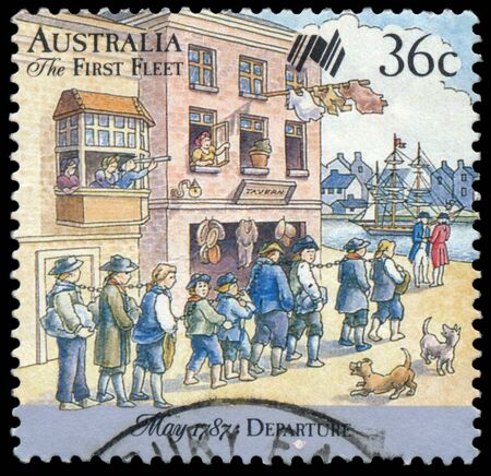 BUDAPEST, HUNGARY - 17 january 2018: stamp printed in AUSTRALIA shows Arrival of First Fleet, circa 1987のeditorial素材
