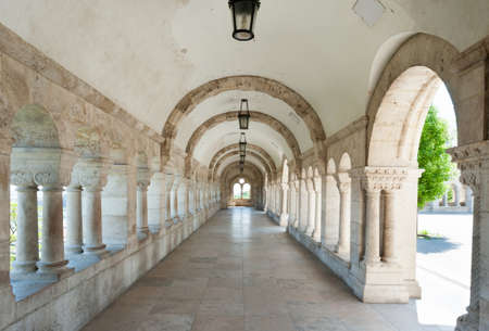 BUDAPEST, HUNGARY - APRIL 24, 2020: Interior of Fisherman's Bastion in Budapest, Hungary. Fisherman's Bastion is the panoramic viewing terrace with towers in Buda castle.のeditorial素材