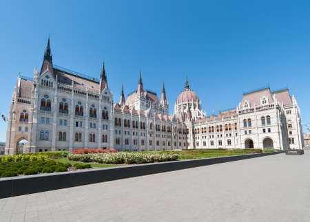 Budapest, Hungary - April 20, 2020: Building of the Hungarian Parliament Orszaghaz at the Kossuth square. The seat of the National Assembly of Hungary.のeditorial素材
