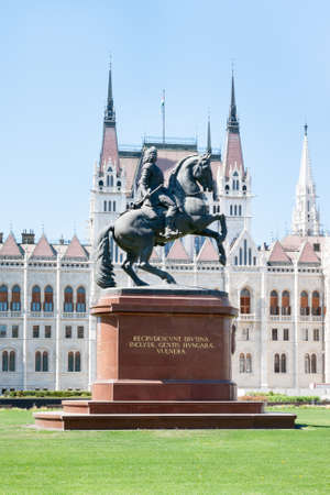 BUDAPEST, HUNGARY - APRIL 20, 2020: Monument for Francis II Rakoczi with the Hungarian Parliament Building, on Lajos Kossuth Square in Budapest.のeditorial素材