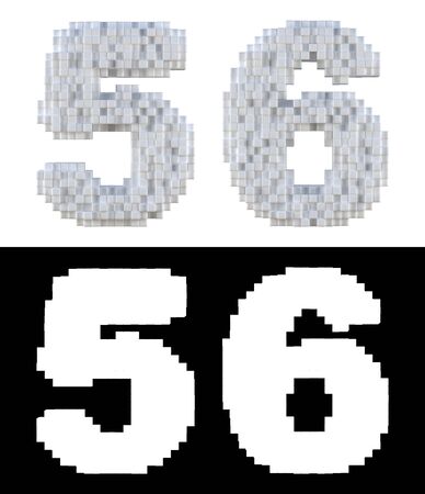 3D Rendering, White volumetric pixel alphabet with alpha mask. An array of voxels from the front, Pixel art, 8-bit, Cubic digits 5.6.の写真素材