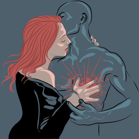 Couple in love. A man and a woman show heart with his hands. Characters for the feast of Saint Valentine. Vector illustration in cartoon styleのイラスト素材