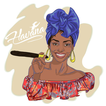 beautiful young Cuban woman holding a cigarのイラスト素材