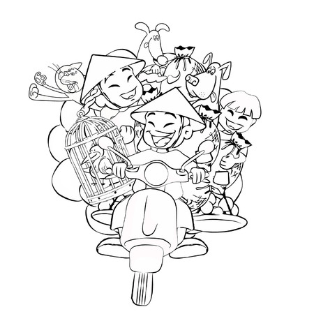 Isolated illustration of people riding mopeds and motorbikes in black and white.のイラスト素材