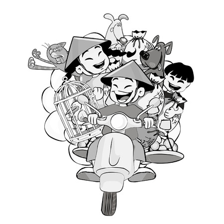 Isolated illustration of people riding mopeds and motorbikes in black and white.のイラスト素材