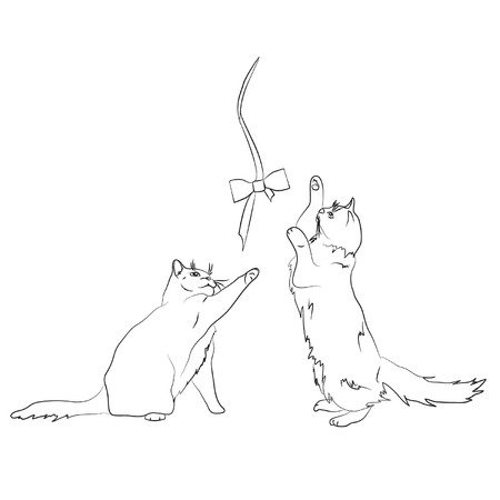 cute cartoon cat playing with bow.  kittens looking up to bow on rope. Cute cartoon funny character. Playing animal set. Adopt me. のイラスト素材