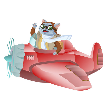 Cute funny animal pilot characters flying on airplane - cat and raccoon.のイラスト素材