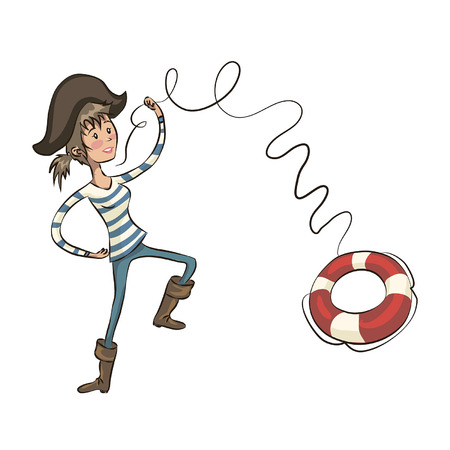Pirate throws a life ring. pirate girl. Cartoon pirate girl swaying the sword.のイラスト素材