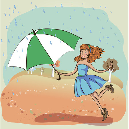 Stylish young fashionable girl under the umbrella, walking in the heavy rain, beautiful flyer or template design for Monsoon Season.のイラスト素材