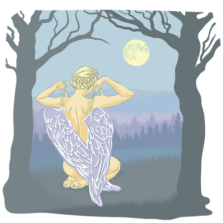 Angel takes off his wings, back of girl with wingsのイラスト素材