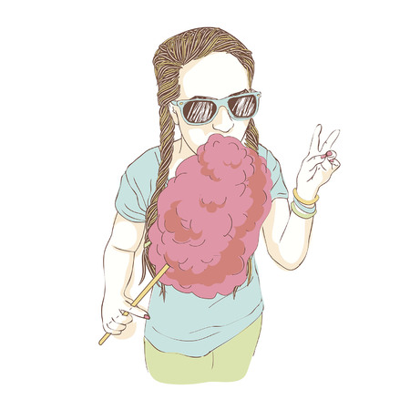 the teenager eats sweet cotton wool, shows the symbol Vのイラスト素材