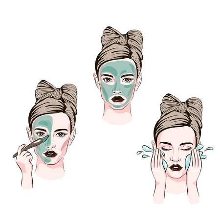 how to apply facial cosmetic mask line color icons set, steps for skin care for beautiful skin with cosmetic masking, sketch of cosmetics, girl uses face masksのイラスト素材