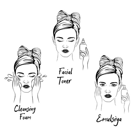 ritual concept with the various actions of a pretty woman with her beauty, sketch of cosmeticsのイラスト素材