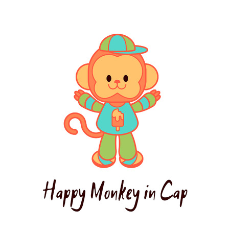 happy monkey in cap, set of monkey little boy in clothes and cap in cartoon style, lucky monkey in a...