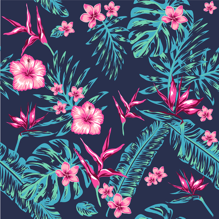 vector beautiful seamless vector floral pattern spring summer background with tropical flowers palmのイラスト素材