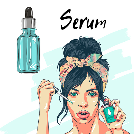 woman take care about face steps how to apply facial serum line, steps how to use skin care cute style, facial care stepsのイラスト素材