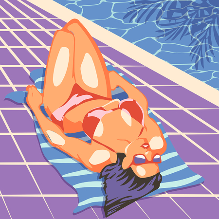 beautiful woman lying on the beach towel near swimming pool top view of pretty girl, summer holiday and summer camp poster traveling template poster badge vector illustration partyのイラスト素材