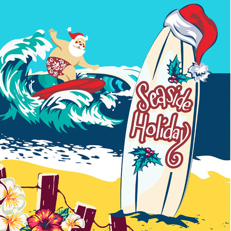 Holiday illustration Santa Claus standing on the beach surfing cheerful cartoon, tropical Christmas and New Year, seaside entertainmentのイラスト素材