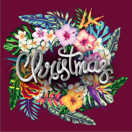 Christmas decorations in tropical style of palm leaves and tropical flowers decorations for the new yearのイラスト素材