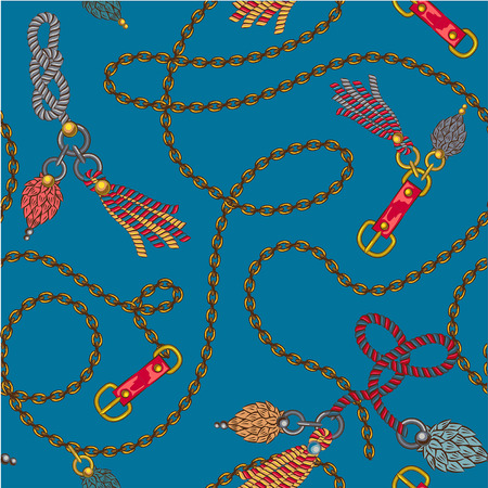 Luxurious elegant pattern with fashion accessories the splendor of the 80s in the color of live coral and turquoise white Seamless pattern with straps, chains and jewelry elements. Women's fashion collection. On the background with the colors of live coralのイラスト素材