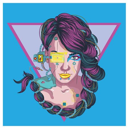 cyber woman virtual reality glasses, girl in virtual reality glasses with computer-replaced parts of cyber body.のイラスト素材