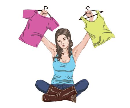 the girl chooses clothes sitting on the floor with hangers in hand chooses an outfit from your Garderobeのイラスト素材