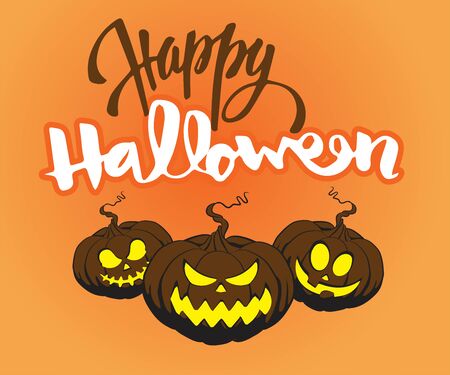 Halloween pumpkin with funny scary faces different shapes and colorsのイラスト素材